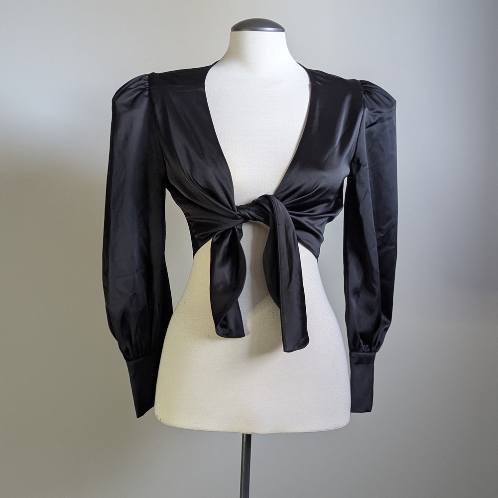 NWT Black Puff Sleeve Satin Wrap Crop Top Romantic Bohemian Festival Goth Witchy